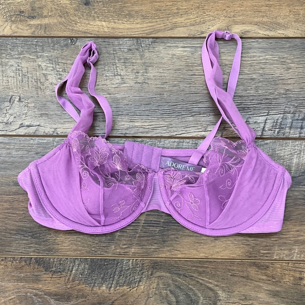 Adore Me Purple Floral Embroidered Mesh Demi Bra 36C Sheer Fairy Cottagecore